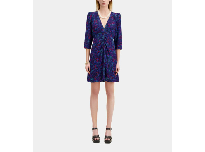 Robe Courte En Soie Manches 3/4 Gigot blue red