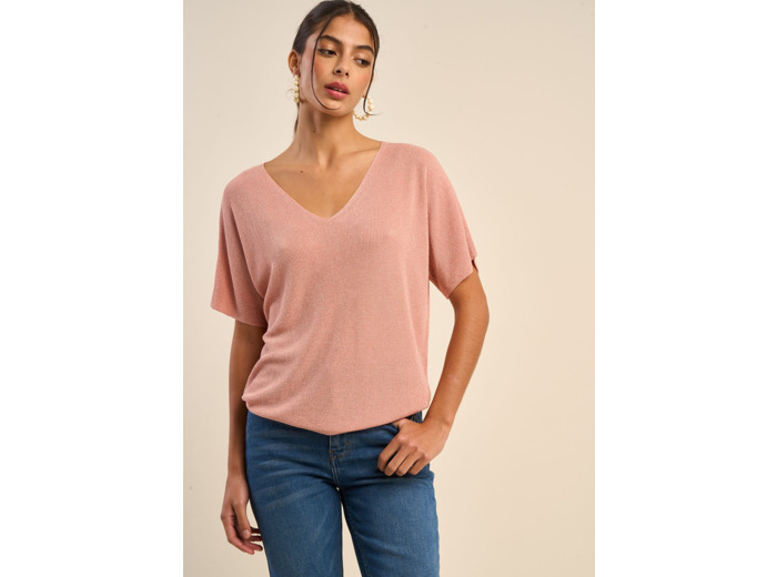 Pull col V manches courtes avec détails fils lurex