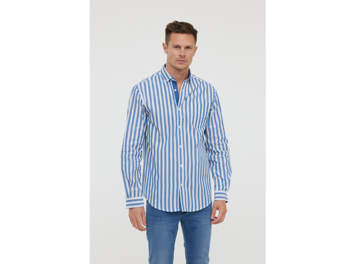 Chemise rayée en coton, manches longues, col boutonné, poche poitrine avec broderie