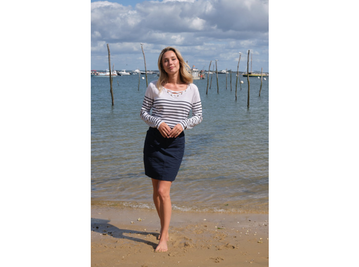 Pull Marinière femme VISCOSE à lacet Blanche