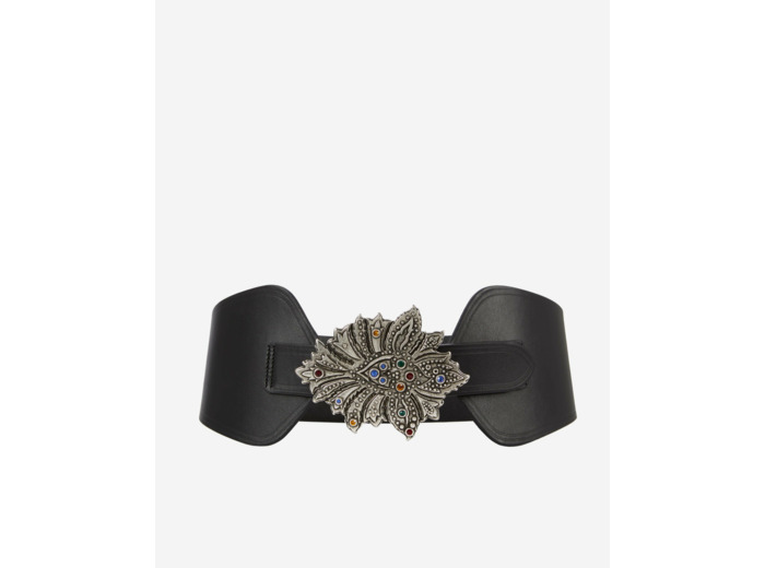Ceinture Large En Cuir Noir Avec Boucle Fleur black