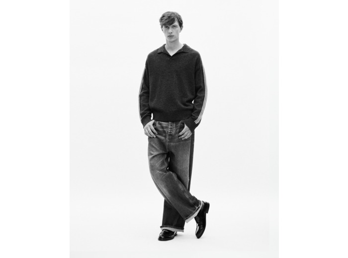 Pull col polo en laine avec rayures contrastées gris grey