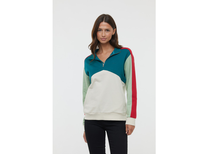 Sweat avec découpes, col montant, demi-ouverture zippée, broderie poitrine, poignet et bas corps avec rib