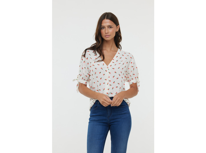 Chemise en viscose, manches courtes bouffantes nouées en bas de manche, col V et fermeture boutonnée, imprimé « Oranges »