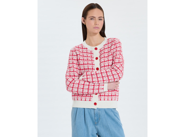 Gilet façon tweed bicolore rouge écru