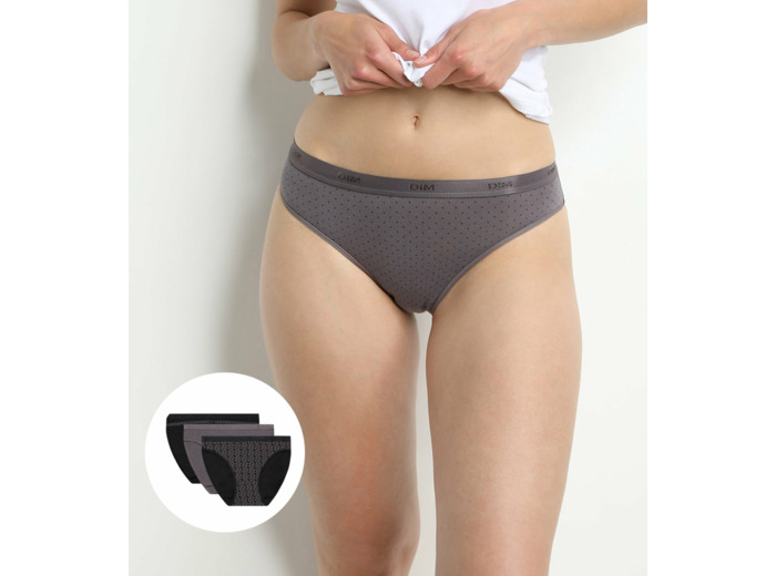 Lot de 3 slips noirs et gris imprimés Femme Les Pockets Coton