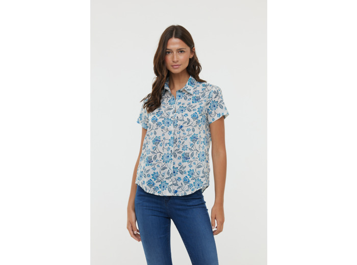 Chemise imprimée fleur, manches courtes en voile de coton