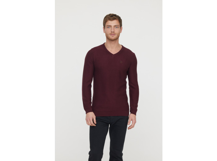 Pull basique col V maille fantaisie en coton bio avec print poitrine