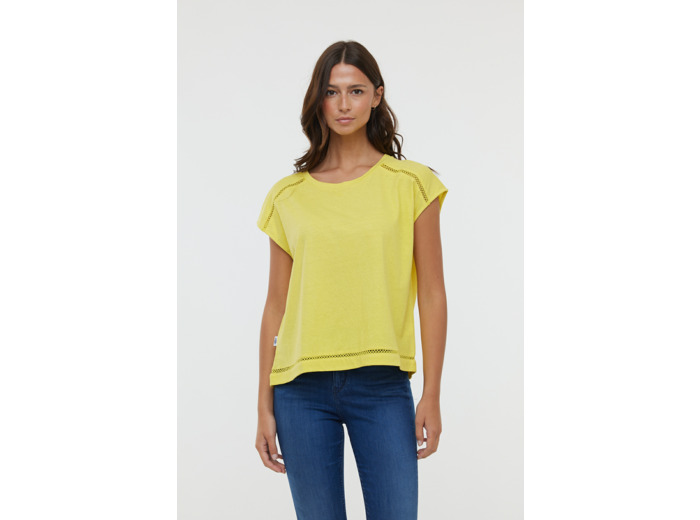 T-shirt manches courtes en coton lin avec détails ajouré