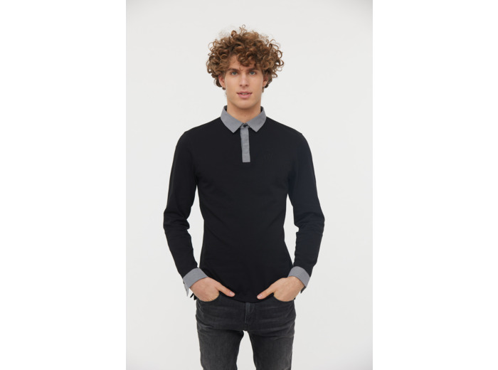 Polo coton jersey épais manches longues avec détails chemise col et poignets en micro carreaux, broderie LC poitrine