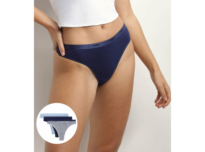 Lot de 3 strings en coton stretch Bleu à rayures Les Pockets