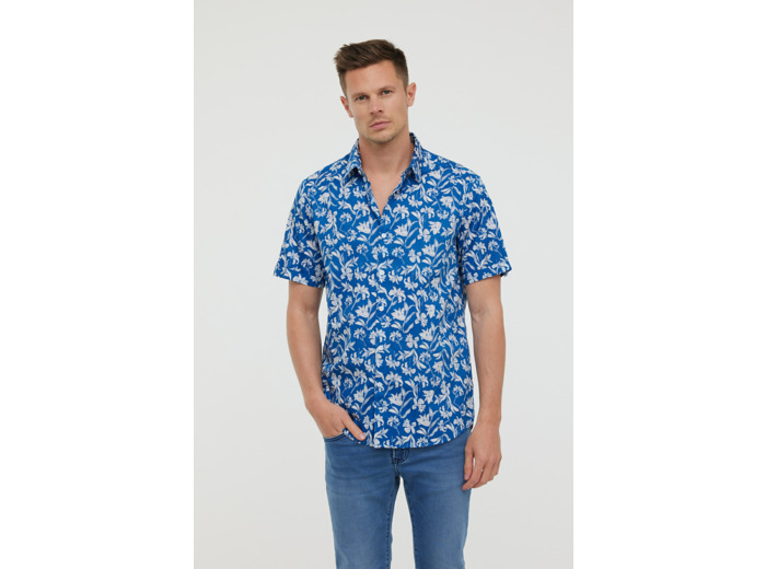 Chemise manches courtes, imprimé fleurs, broderie poitrine
