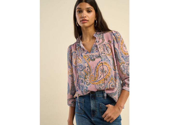 Blouse ample imprimée cachemire avec col tunisien