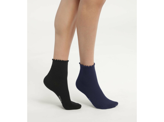 Lot de 2 paires de chaussettes femme à volants Noir Marine Dim Modal