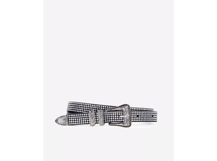 Ceinture Fine En Cuir Avec Strass Et Boucle Western antic silver