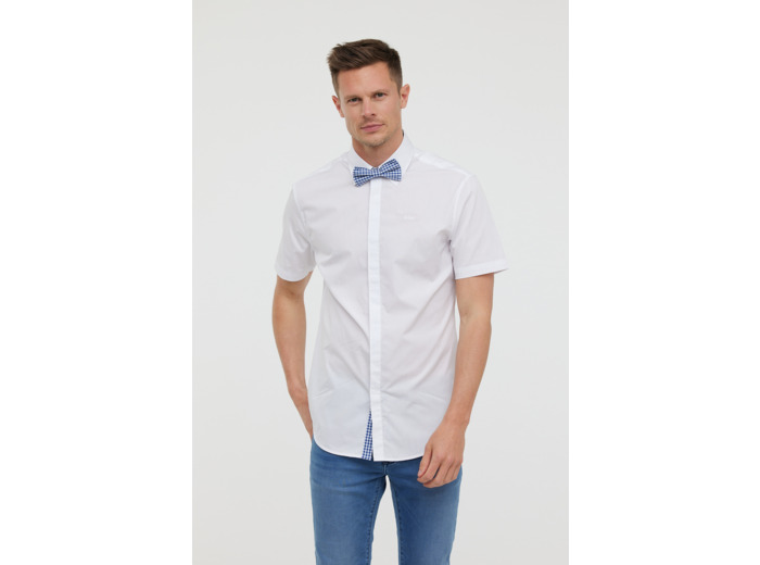 Chemise manches courtes en popeline de coton, boutonnage caché avec détails vichy, broderie poitrine et noeud papillon détachable en vichy
