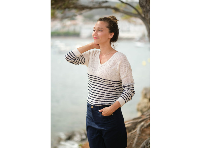 Pull rayé en maille fantaisie ajourée Octavie