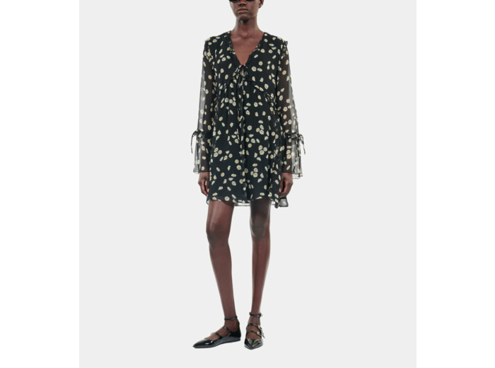 Robe courte avec imprimé fleuri en soie black white