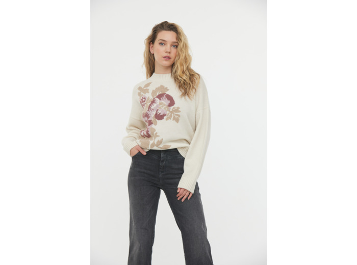 Pull ballon en laine mélangée jacquart fleurs baroques