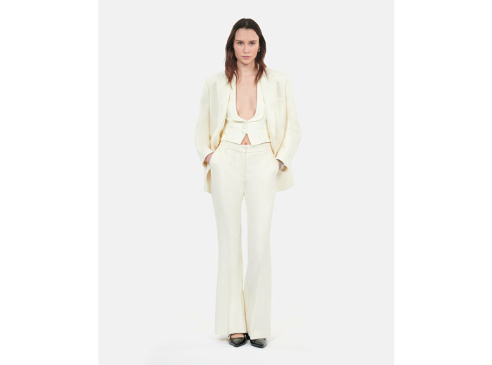 Pantalon Tailleur Écru Flare En Laine Et Coton ecru
