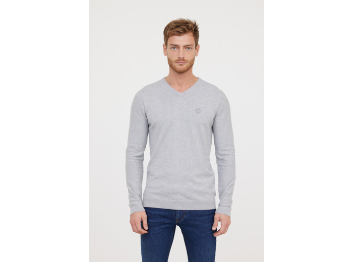 Pull basique col V avec laine recyclée et print poitrine