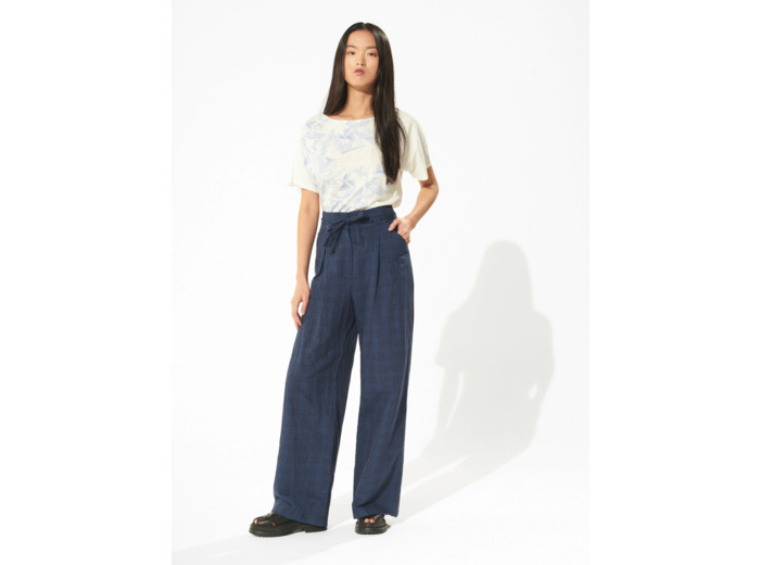 Pantalon large carreaux navy orange