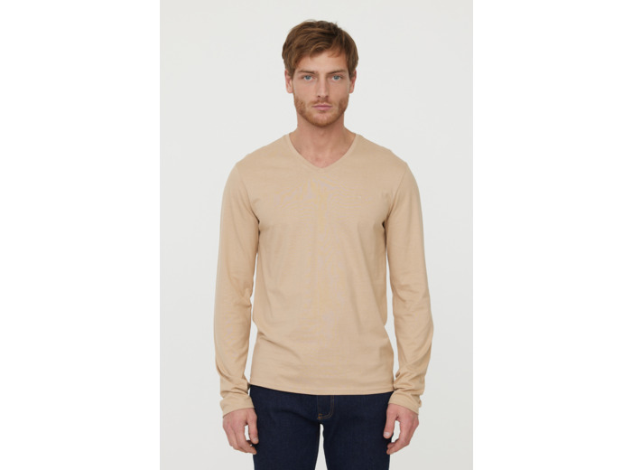 T-shirt basique col V manches longues en coton bio avec print poirtine