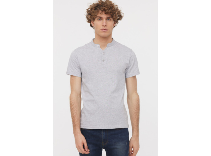 T-shirt Basique col tunisien fantaisie manches courtes en coton bio et print poitrine