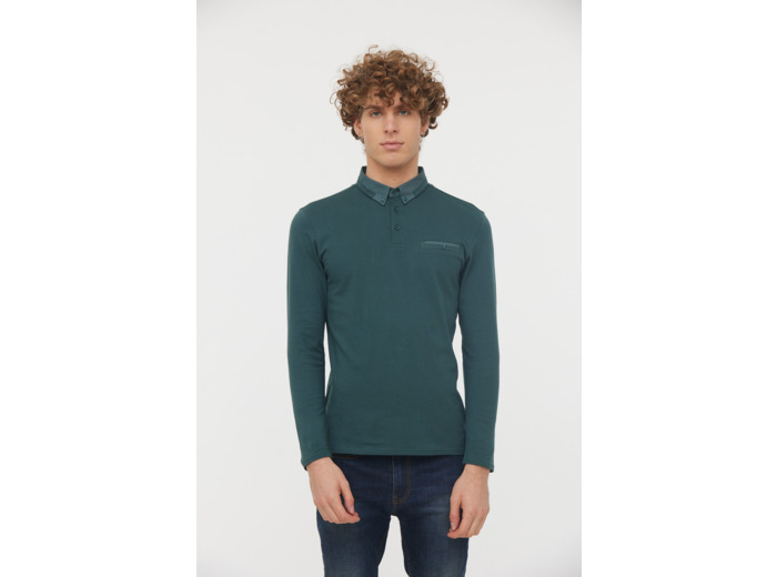 Polo city manches longues en coton jersey détail col et poche poitrine