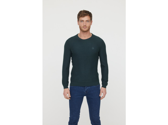 Pull basique col rond maille fantaisie en coton bio avec print poitrine