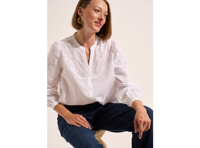 Chemise ample en voile de coton brodé et col tunisien
