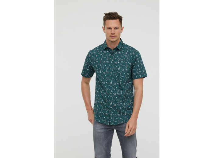 Chemise manches courtes, imprimé fleurs, avec broderie et poche poitrine
