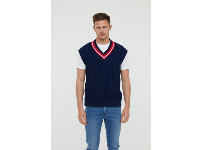 Pull sans manche en maille torsadée, col V en rib et rayure contrastée