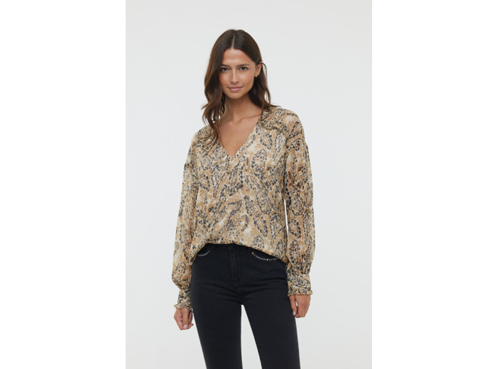 Blouse ample allover « imitation peau de serpent », manches longues bouffantes, col V, en tissu chiffon en polyester recyclé