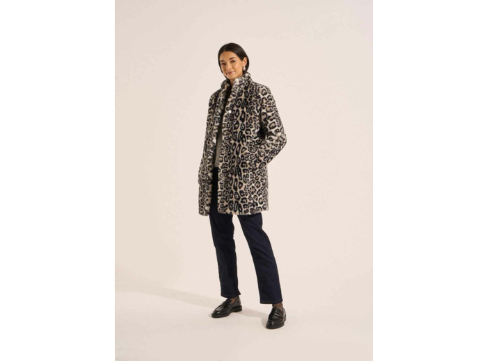 Manteau fausse fourrure léopard ajusté col droit