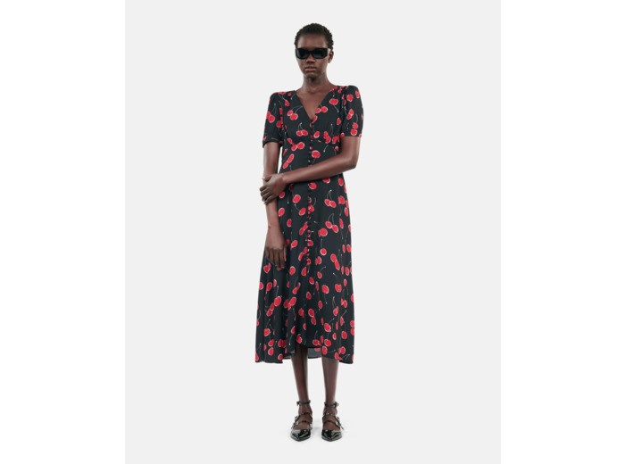 Robe Longue Imprimé Cerise Avec Boutonnage black - red
