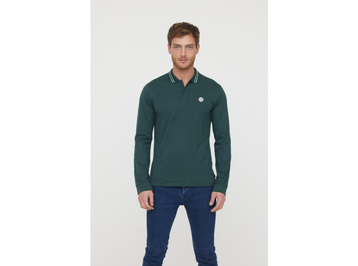 Polo manches longues en coton jersey avec badge poitrine et détails col