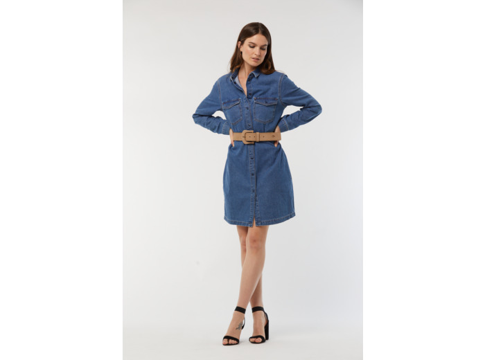 Robe chemise en jean à boutons pression et poches poitrines