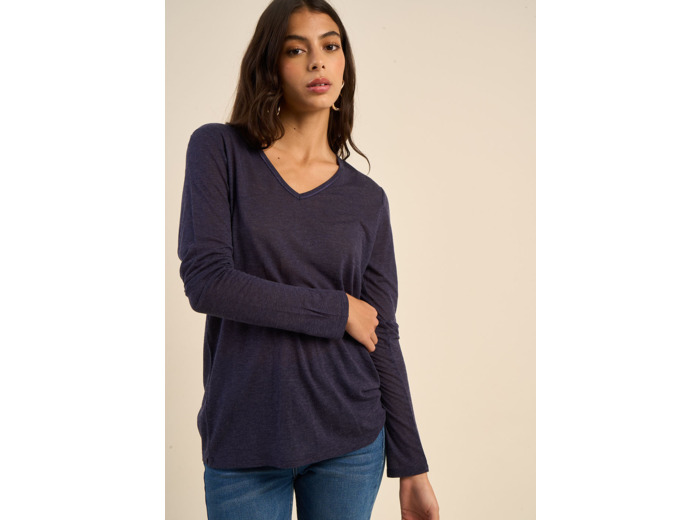 Tee-shirt col V et manches 3/4 en voile de laine