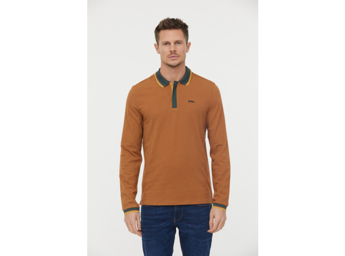 Polo manches longues détails col et poignet zip et broderie poitrine contrastée