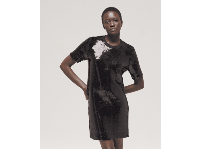 Robe Courte A Manches Courte Ornee De Sequins noir