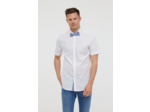 Chemise manches courtes en popeline de coton, boutonnage caché avec détails vichy, broderie poitrine et noeud papillon détachable en vichy