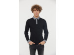 Polo coton jersey épais manches longues avec détails chemise col et poignets en micro carreaux, broderie LC poitrine