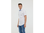 Chemise manches courtes en popeline de coton, boutonnage caché avec détails vichy, broderie poitrine et noeud papillon détachable en vichy