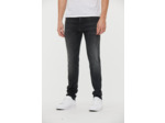 Denim semi enduit, carrot fit,taille medium,jambe ajustée, fourche légèrememt basse, resserré sur le bas
