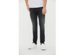 Denim semi enduit, carrot fit,taille medium,jambe ajustée, fourche légèrememt basse, resserré sur le bas