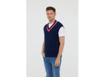 Pull sans manche en maille torsadée, col V en rib et rayure contrastée