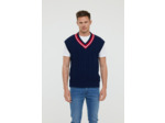 Pull sans manche en maille torsadée, col V en rib et rayure contrastée