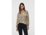 Blouse ample allover « imitation peau de serpent », manches longues bouffantes, col V, en tissu chiffon en polyester recyclé