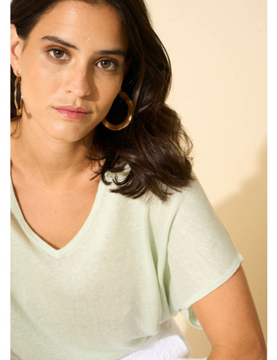 Pull sans manches col V 100% lin